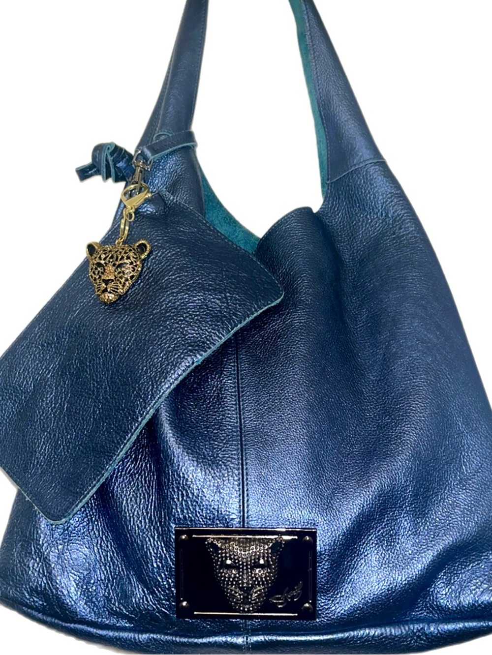 Sharif 2 Pc. Blue Metallic Leather Hobo Bag and Wristlet